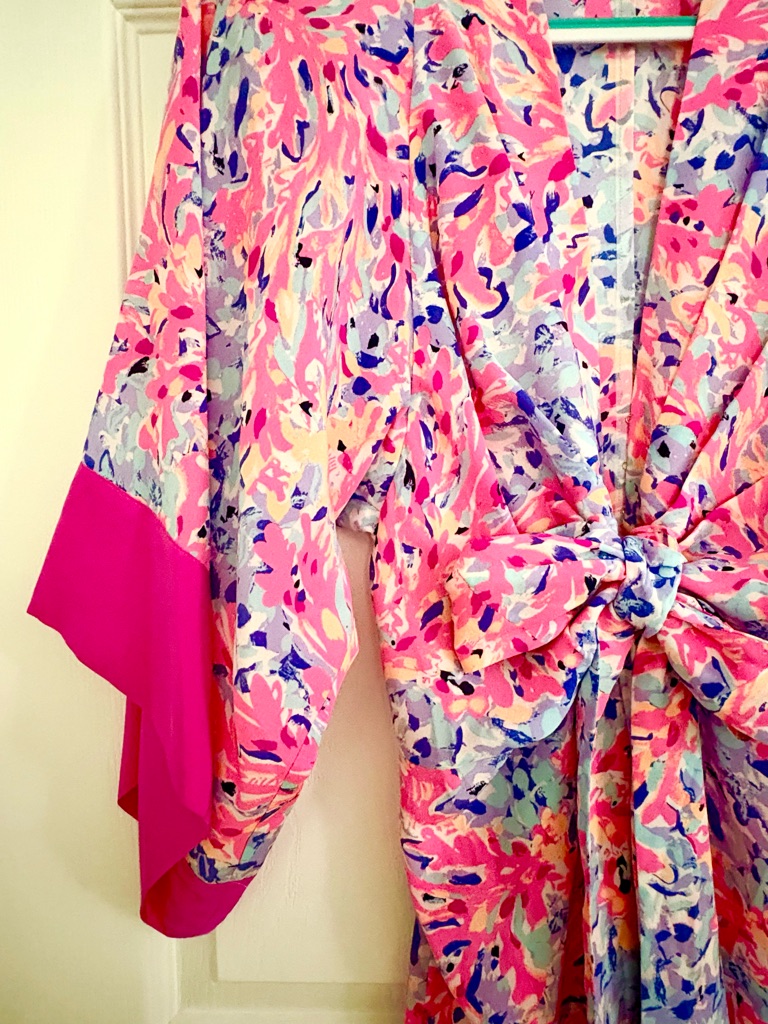 Lilly Pulitzer Pink Multi Floral Mini Kimono Dress W Sash & Bow & Deep V-Neck- M